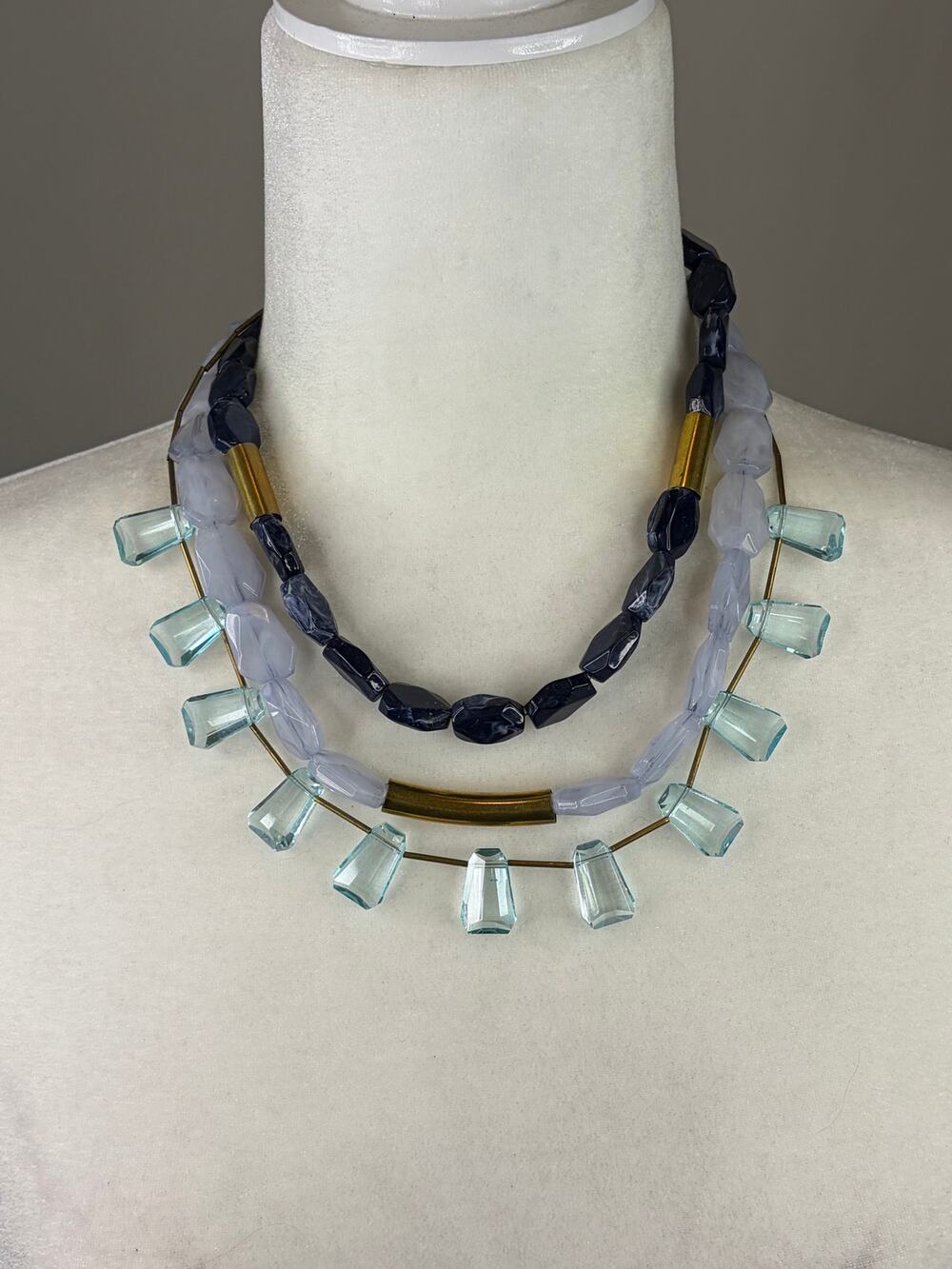 LOFT Statement Necklace Blue Acrylic Mixed Beaded 3 Strand Layered on Gold Tone